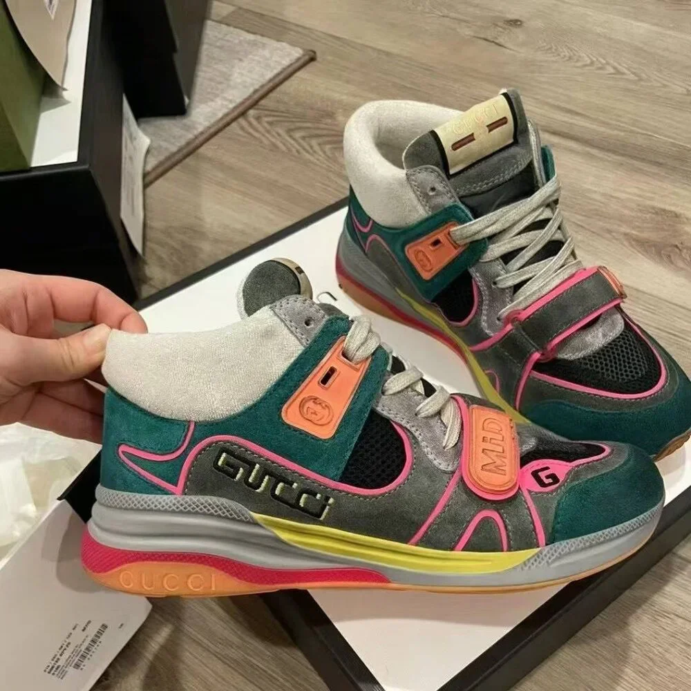 NIB Authentic Gucci Multicolor Mesh and Suede Ultrapace Mid Top Sneakers